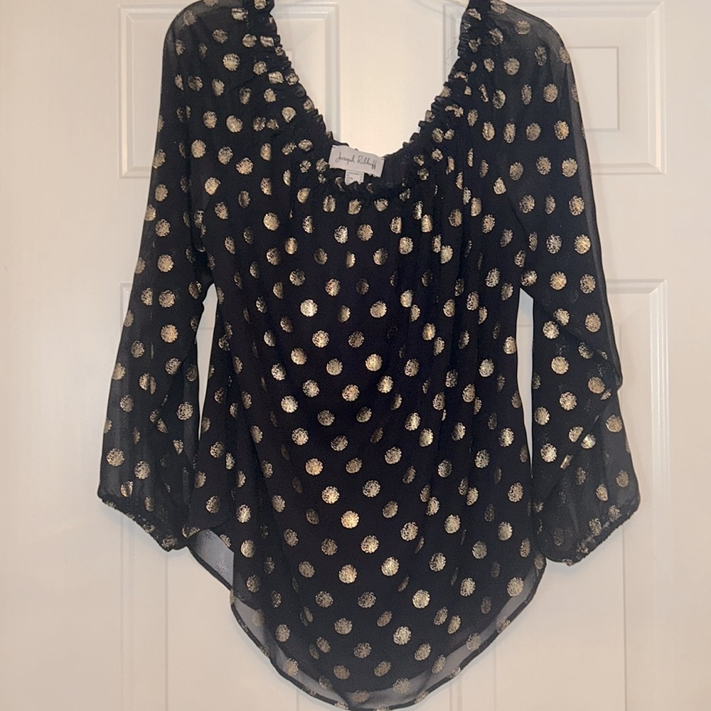 Joseph Ribkoff On/Off-Shoulder 10 Navy Top Gold Polka Dots Loose Sheer Luxury